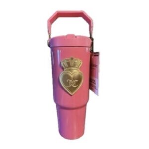 JUICY COUTURE STAINLESS STEEL PINK HEART JC CROWN TUMBLER W/ TOP HANDLE